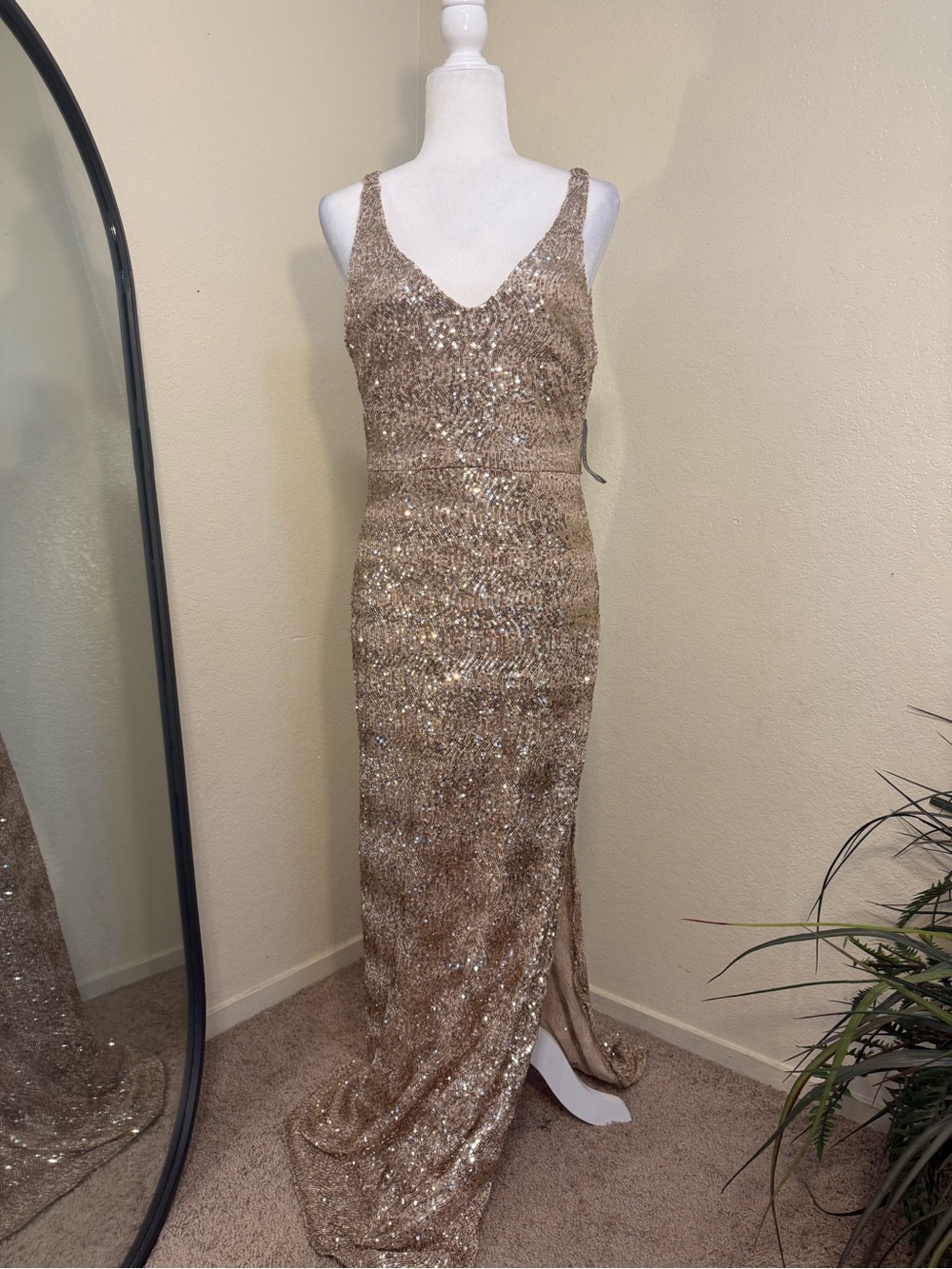 R&M Richards Gold Sequin V-Neck Maxi Gown
